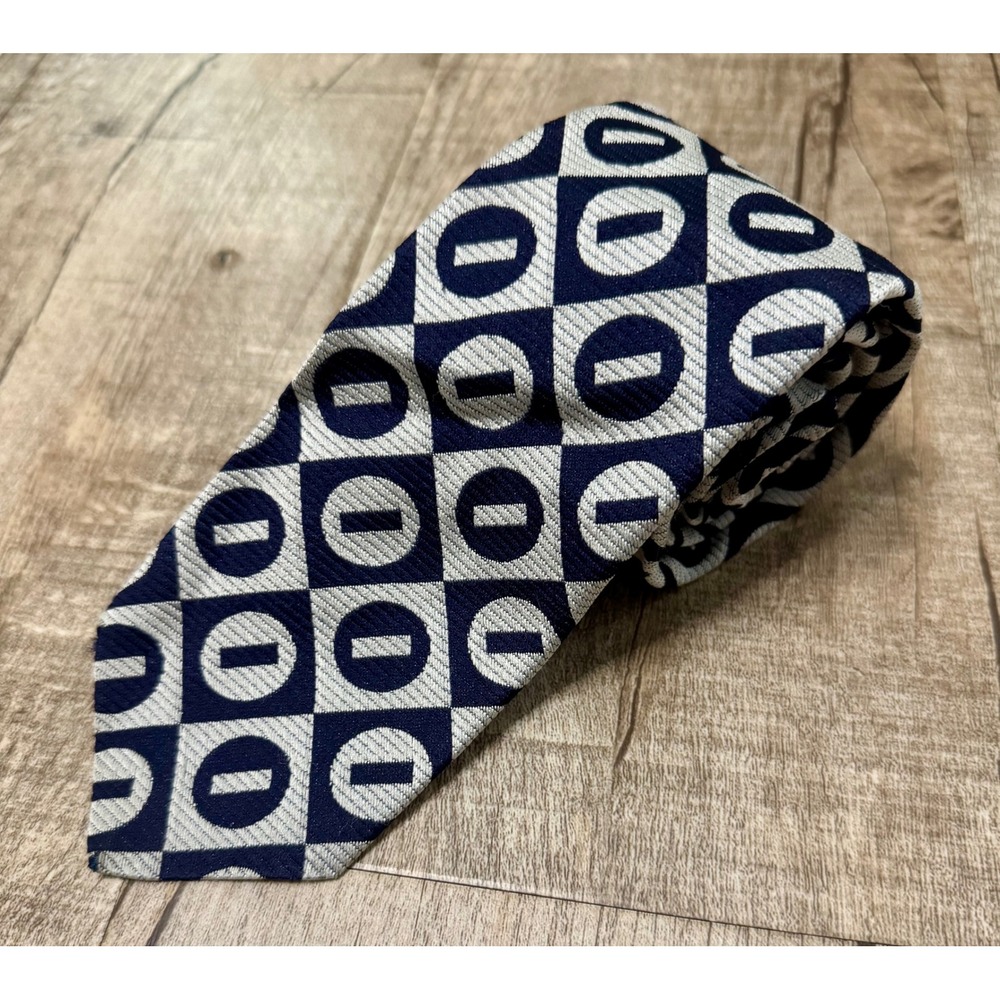 Michael Angelo Vintage Mens Geometric Tie Navy Silver Rhodia Acetate 59x4